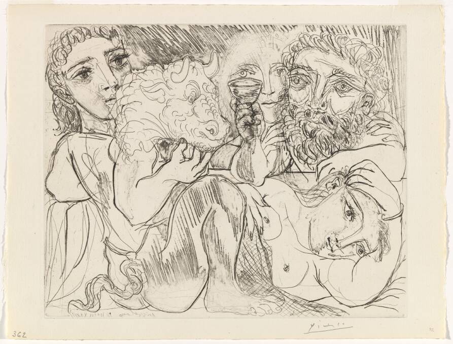 Minotaur, man drinking and women: created 18 June 1933, plate reworked 
probably at the end of 1934. Drypoint, etching, scraper and burin engraving
National Gallery of Australia  ©Succession Picasso.
