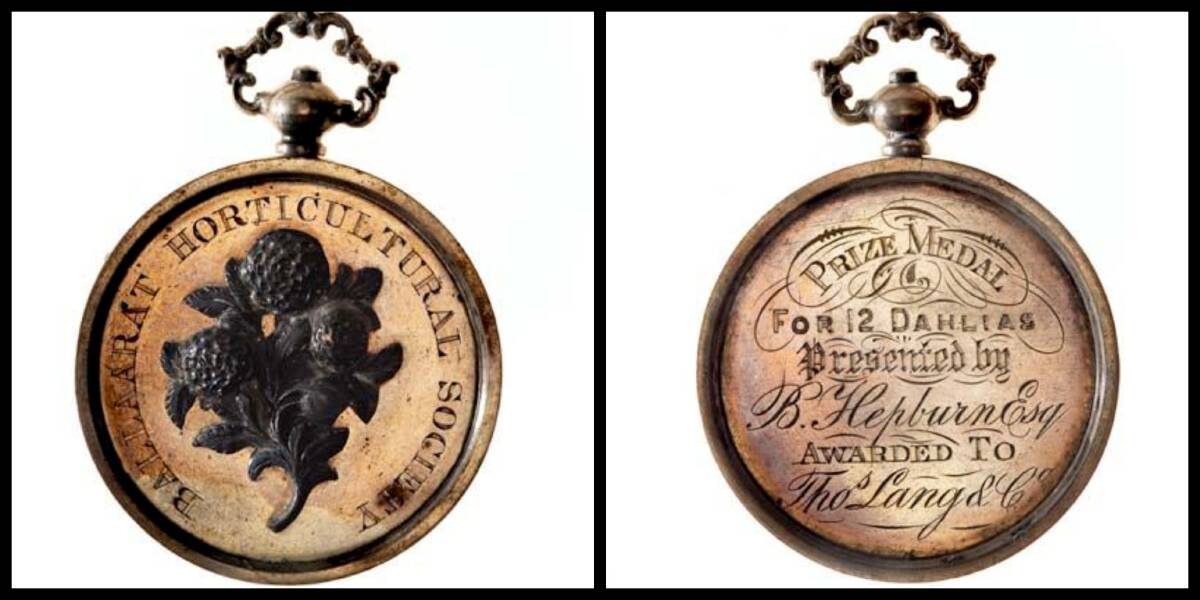 Prize: A medal awarded in the 1860s to Ballarat seedsmen Thomas Lang and Co for growing dahlias. Thomas Lang died in 1896. Picture: Jon Augier, per Museums Victoria.