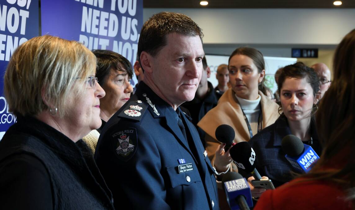 OPENING: Minister for Police and Emergency Services Lisa Neville, local member Michaela Settle and acting Chief Commissioner Shane Patton said the new police assistance line and the online portal were a big step forward for the police and the community in July.