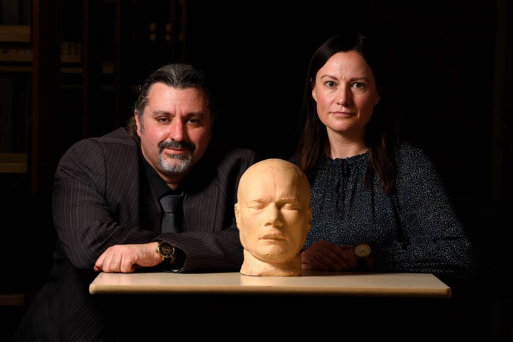 Dr David Waldron and Michelle Derrick with the bust of Charles Henry Bushby.