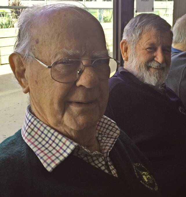 Elders: Ron Rich (front) and Trevor Monston are stalwarts of the honey and pollination industry, with over 120 years' experience between them. Picture: Caleb Cluff.