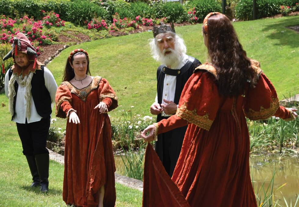 I am a very foolish, fond old man: The betrayal of the daughters from King Lear. (L-R Matt Young, Sorcha Breen, Bruce Widdop and Eleanor Ruth), performed this year at Kirks Reservoir. Picture: OzAct/Lisa Widdop.