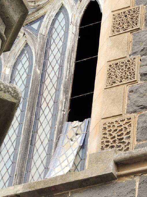 Age-worn: The collapsed window in the Anglican Church at Clunes. Picture: Rod Tregear.