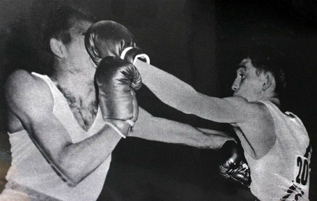 Champion: bantamweight Bob Bath lands a left against Ceylon's Hemapala Jayasuriya in round one of the 1956 Olympics boxing.  Picture: supplied.