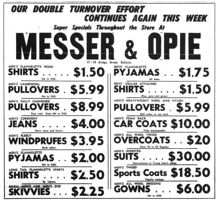 Below: a new suit for $30 seems to be able to date this Courier ad for Messer and Opie from around the time when Bernie Franklin had started work at the Ballarat institution.