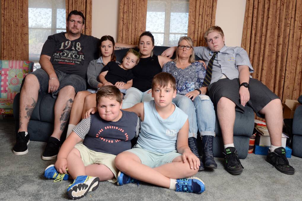 Desperate situation: Melissa and Bill Gaynor, their family and Melissa's mother Sharon.  The Gaynors have had 43 rental applications rejected in Ballarat. Picture: Kate Healy.