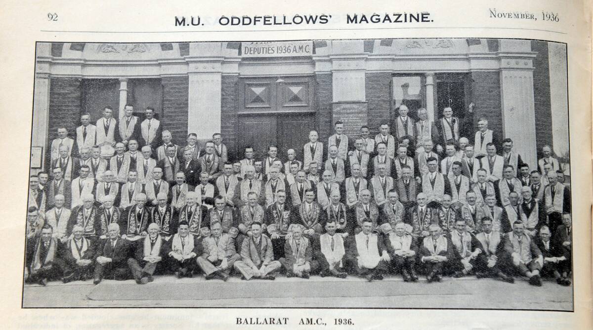 All men: Members of the lodge outside the Unity Building in Grenville Street, 1936. The bricks have since been painted; the building is intact.