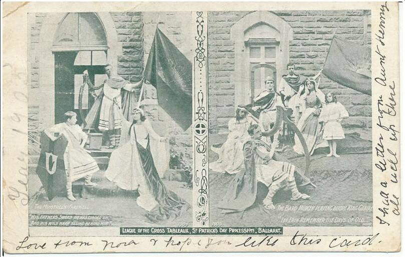 A mythic past: These Ballarat youths of the League of the Cross Tableaux are dressed as Irish heroes of mythology, taking part in a Parade in 1905.
