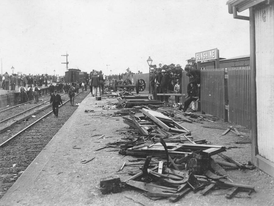 The aftermath: Shattered carriages and bogies on the Sunshine platform the next morning. Picture: National Library of Australia.