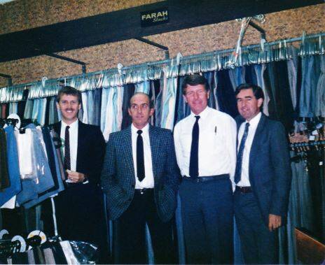 Left: Bernie Franklin and colleagues in front of a 'Farah Slacks' rack in Messer and Opie late last century. Picture: supplied.