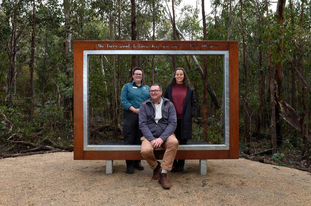 A framed view: Parks Victoria chief ranger for Ballarat Siobhan Rogan, with David Hay and Heidi Mikulic of Thomson Hay Landscape Architects. Picture: Adam Trafford.