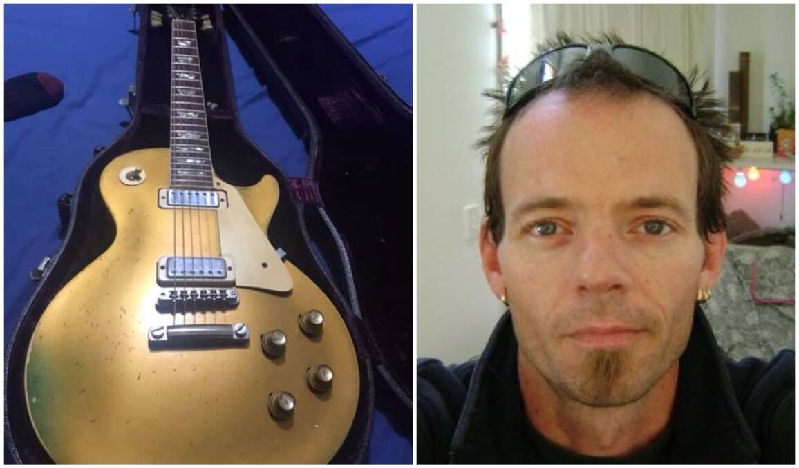 Plea for return: Tim Green and his 1970 Gibson guitar, stolen from his home in Beaufort. Pictures: Supplied.
