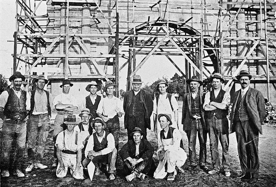 Volunteers: Bricklayers, renders and carpenters at the Arch in 1920. William Atkinson, second from left in the front; other names represented include Woodruff and Brookes. The Arch cost £2,600 to build; its 70,000 bricks were donated by Selkirks. It was opened by the Prince of Wales.. Image: Ballaarat Mechanics' Institute Collection