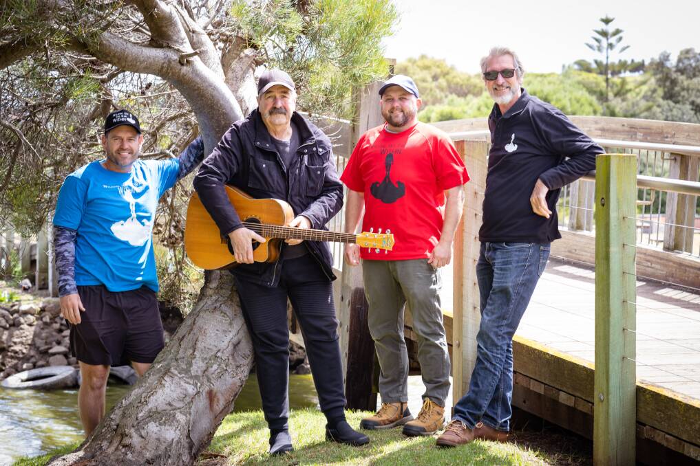 Warrnambool RSL's Michael Bellamy, Adam Kent and James Mepham will participate in Walking Off The War Within at Lake Pertobe on Sunday, which includes live music by Russ Goodear (second from left). Picture by Sean McKenna