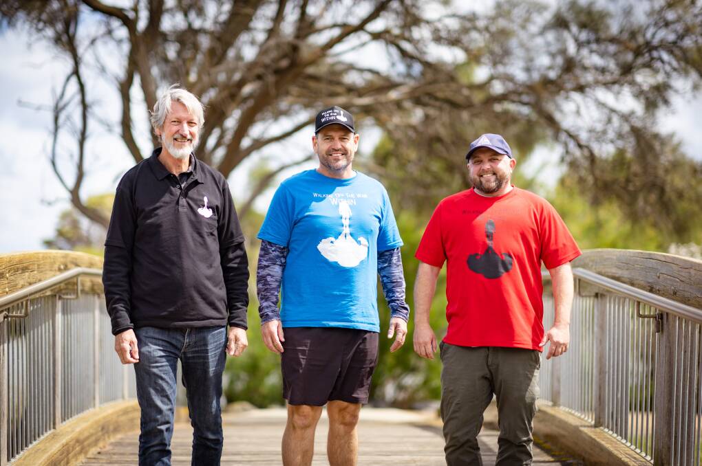 Warrnambool RSL's Michael Bellamy, Adam Kent and James Mepham will participate in Walking Off The War Within at Lake Pertobe on Sunday. Picture by Sean McKenna