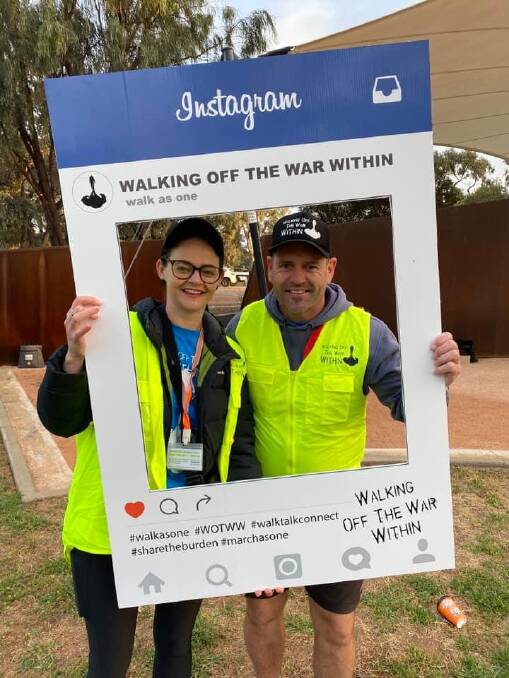 Nathan Shanahan's widow Kosha with Warrnambool RSL Active's Adam Kent at the Mildura Walking Off The War Within event on October 14, 2023. Picture supplied