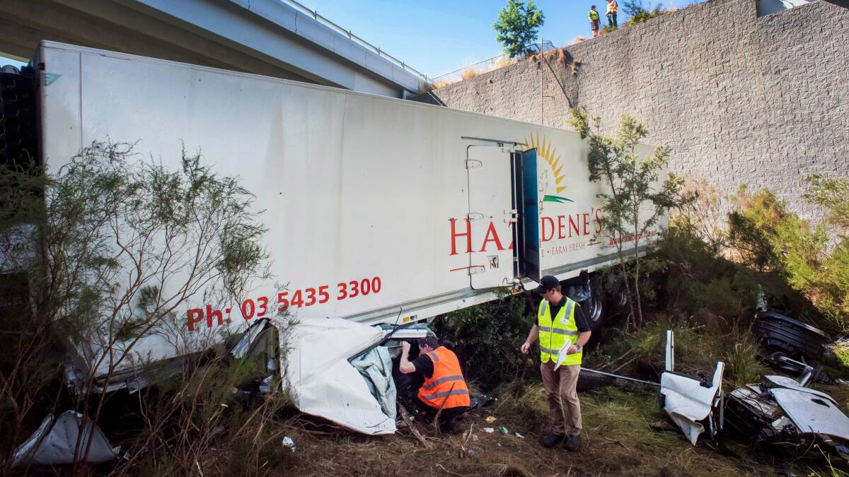 The truck crashed off the Calder Freeway. Picture: BRENDAN McCARTHY