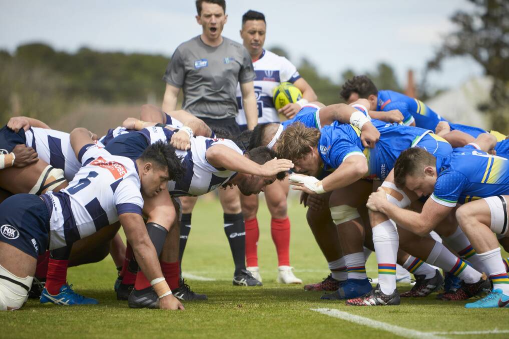 SCRUM: Melbourne Rising and Sydney Rays tussle during Sunday's match at St Patrick's College. Picture: Luka Kauzlaric