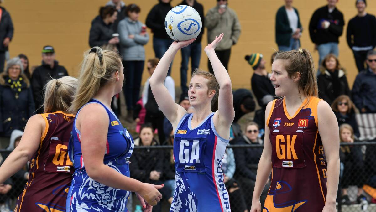 ON TARGET: Lions' Ruth Smith looks to get her shot on target in Saturday's preliminary final clash with Redan. Sunbury prevailed 48 goals to 34. Pictures: Lachlan Bence.