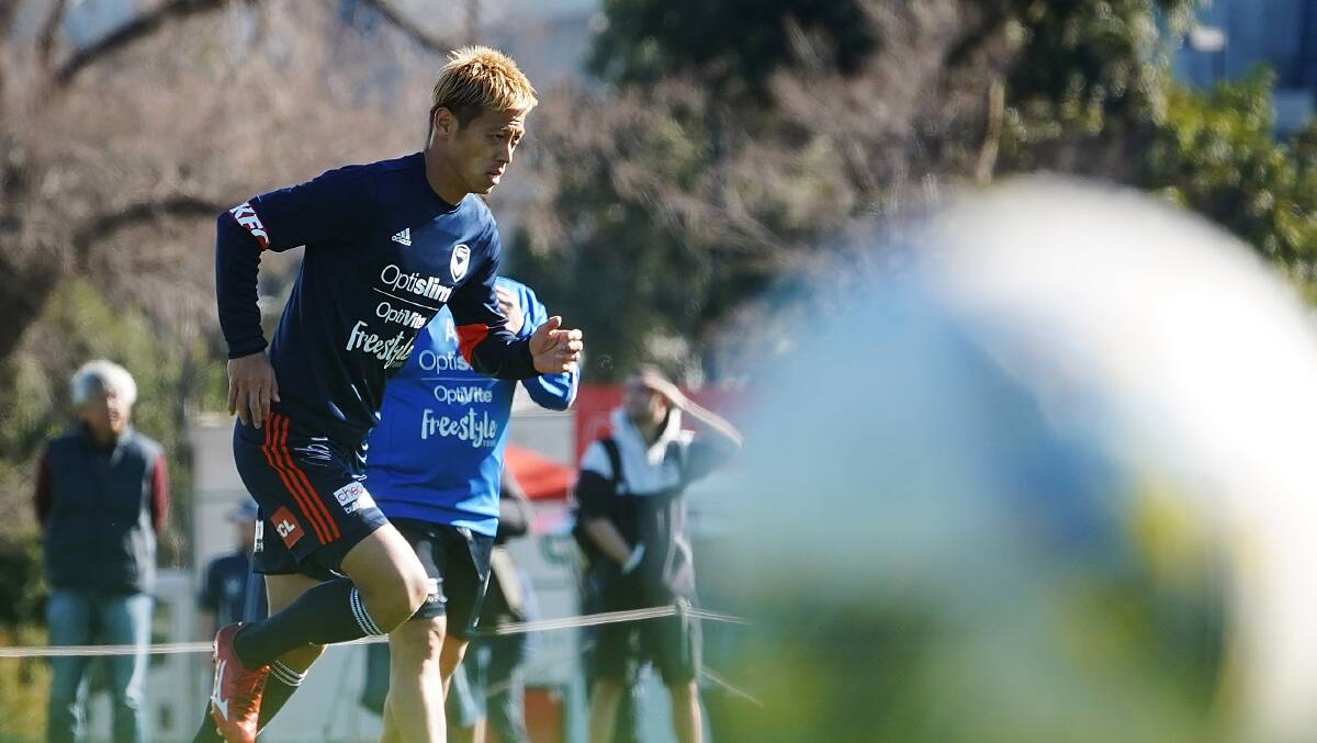 ON THE TRACK: Melbourne Victory star signing Keisuke Honda hits the track, Melbourne Victory will bring a large squad to Morshead Park. Picture: AAP.