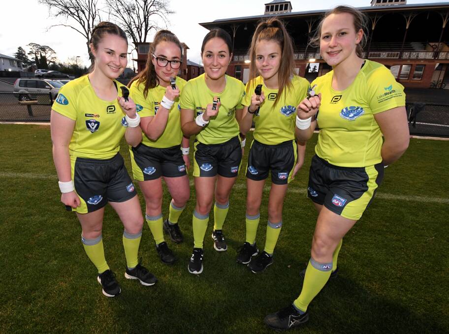 HISTORIC: Claudia Hardiman, Maeve Clark, Holly McEldrew, Amelie Pope (under-18.5s) and Wynona Goldsworthy will make-up the first-ever all-female umpiring panel to adjudicate a senior match. Picture: Lachlan Bence