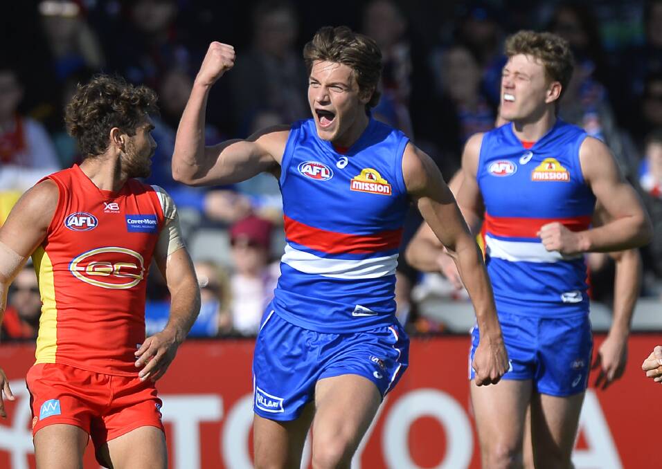 PUMPED: Bulldogs young gun Patrick Lipinski celebrates one of his two goals, the 19-year-old has  kicked five in two weeks as he looks to cement his spot in the side.