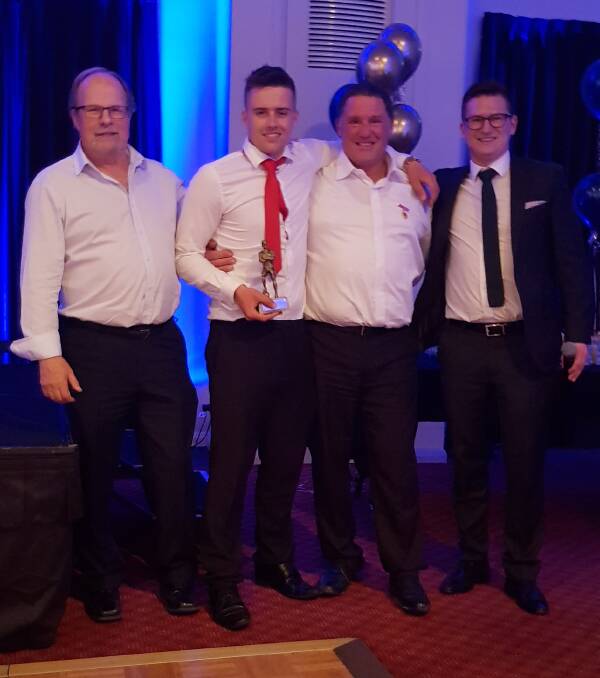 RISING STAR: BCFC life members player of the year recipient Ryan Schorback (second from left) with Harry Arts, Rick Romein and Daniel Firth.