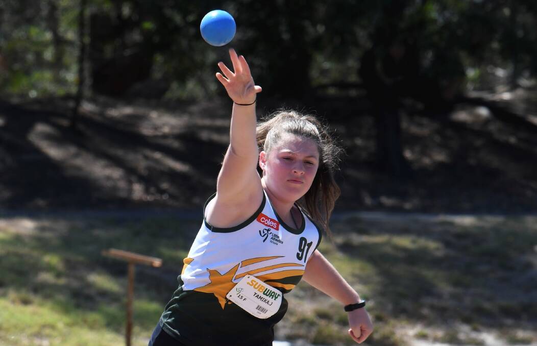BIG THROW: Tamika Johns, of Horsham, launches a throw during her shot put event at Llanberris Reserve on the weekend.