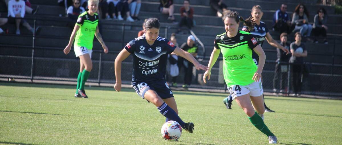 NOT OUT OF PLACE: Melbourne Victory young gun Kyra Cooney-Cross in action against Canberra United on the weekend. Picture: Bernie Curtain