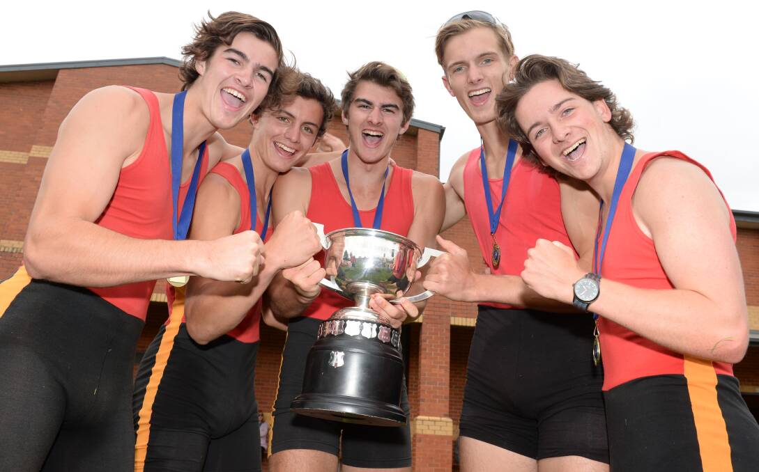 PUMPED: Ballarat Clarendon College celebrate its Head of the Lake triumph earlier this year. Picture: Kate Healy