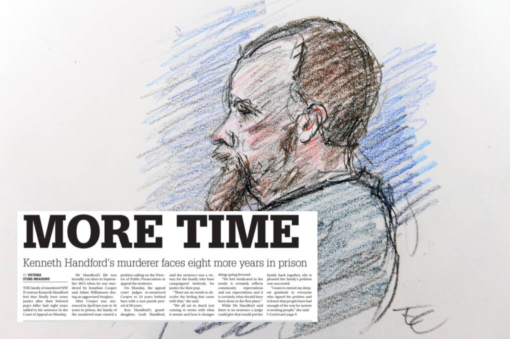 MURDERER: A drawing of Adam Williamson sitting at a court hearing in 2016. Inset: The front page of The Courier, February 14, 2018.