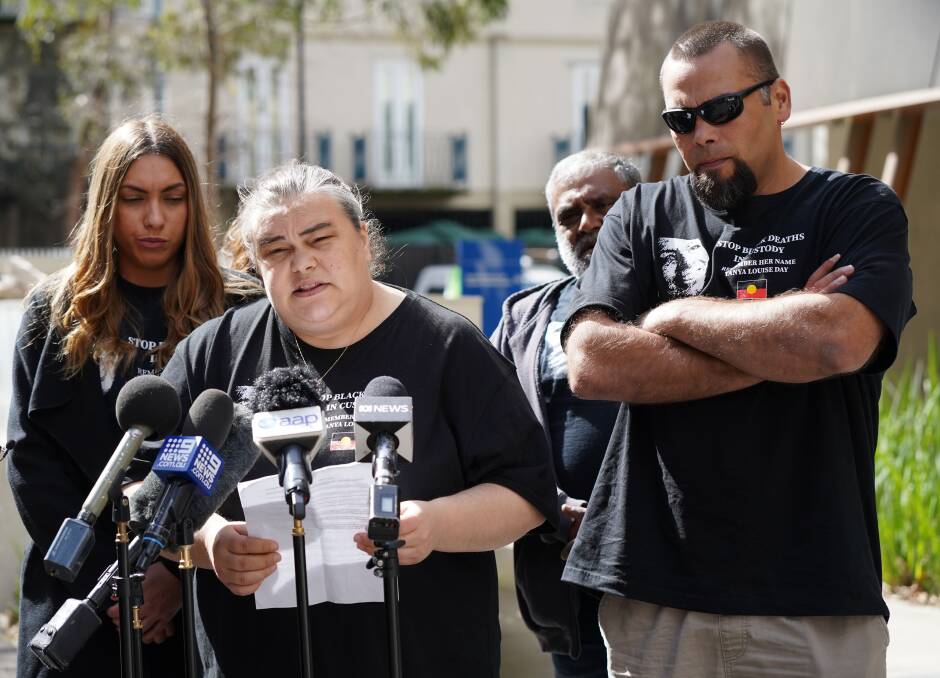 Tanya Day's daughter Belinda Day speaks at a press conference. Picture: Alex Murray