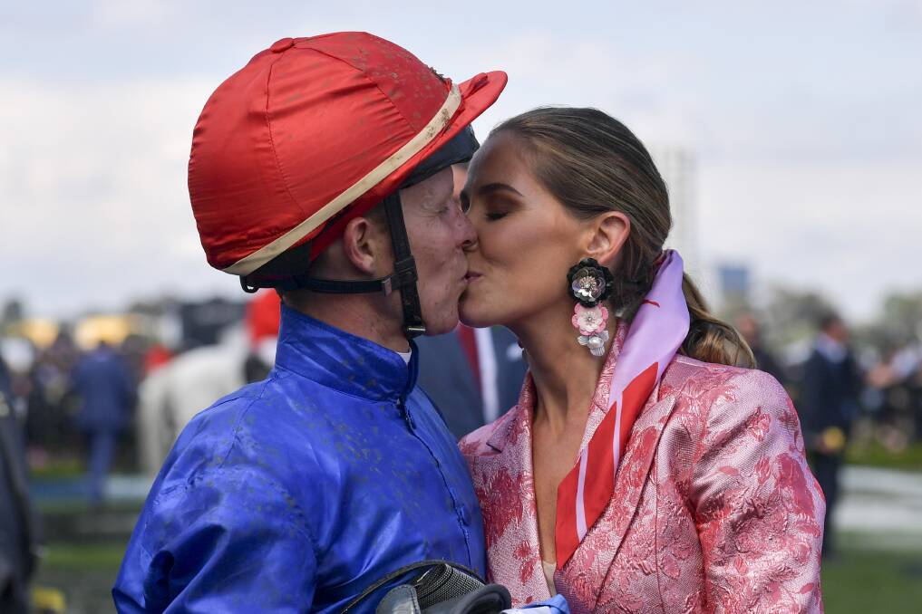 Winner of ther 2018 Melbourne Cup winner jockey Kerrin McEvoy and wife Cathy at Flemington Racecourse. Picture: Eddie Jim.