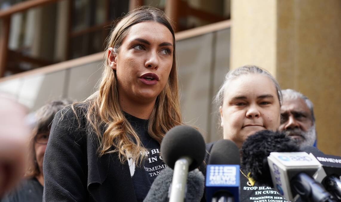 Tanya Day's daughter Apryl Watson during a press conference outside the Coroners Court of Victoria in Melbourne. Picture: Alex Murray