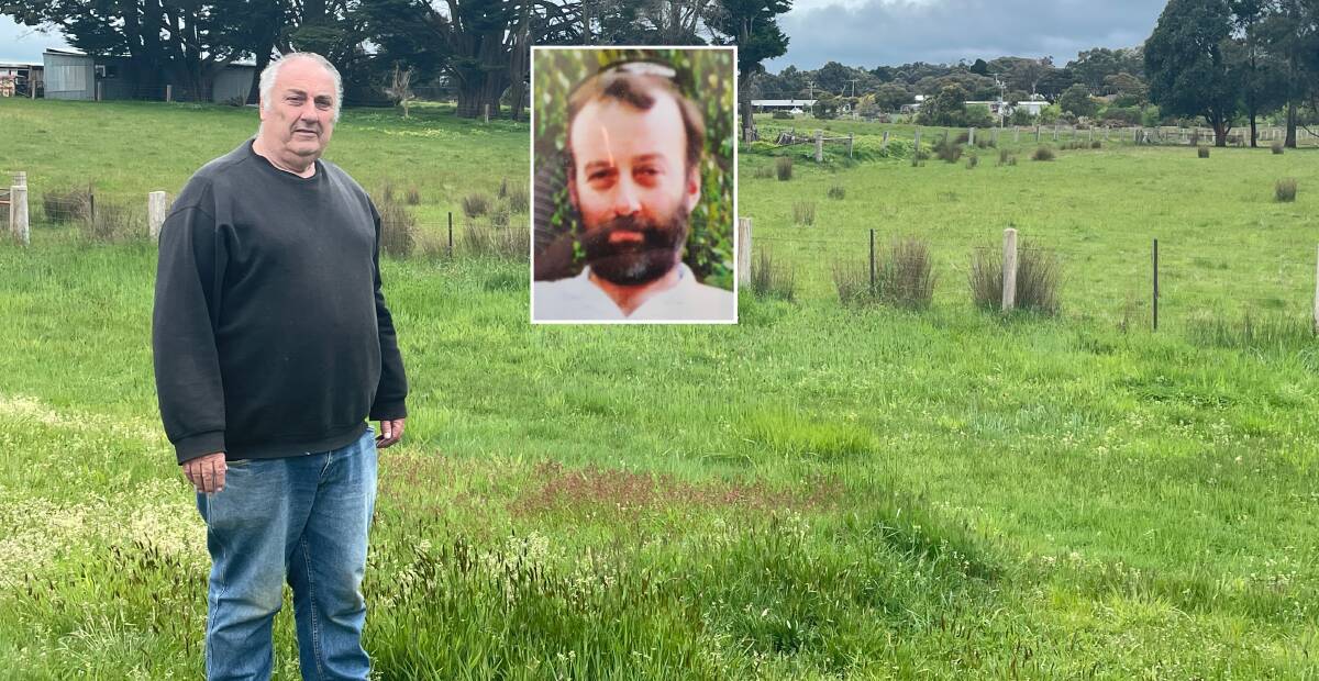 Land owner and former Victoria Police member Bob Taylor stands in front of the land he says is now regularly flooded. (Inset) the late Andrew Taylor. Picture Caleb Cluff.