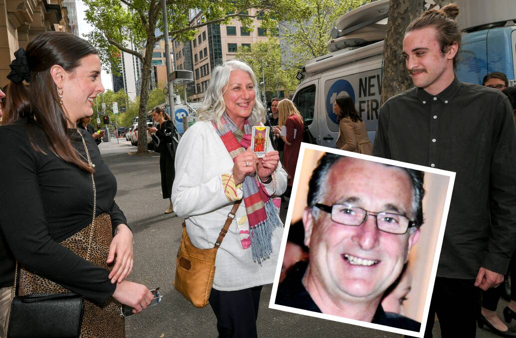 Jack Aston's daughter Meg, wife Wendy and son Ben outside court in Melbourne on Monday. Picture: Eddie Jim/The Age