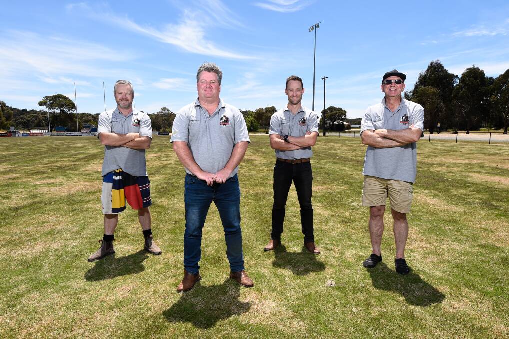 NEW HOME: Woady Yaloak Warriors members Steve Sheehan (sponsorship manager), Adam Liversage (president), Mark Ashmore (coach) and Mick Doolan (committee) at the ground in Smythesdale. Picture: Adam Trafford.