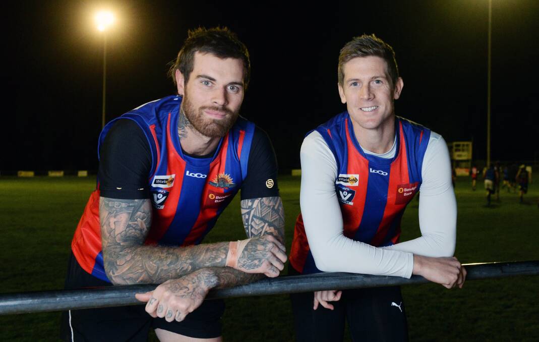 FAMILY: Luke Stanton and Nick Dal Santo at training on Monday night. Picture: Kate Healy.