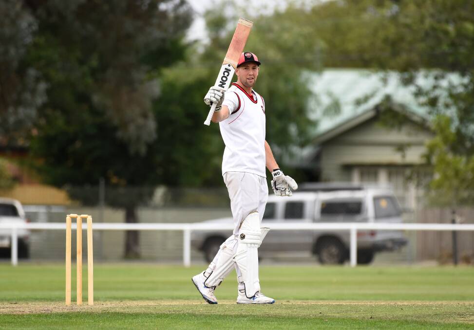 SALUTE: Liam Rigby made an impressive score of 111 in Buninyong's first innings at St Patrick's College 2. Picture: Adam Trafford.