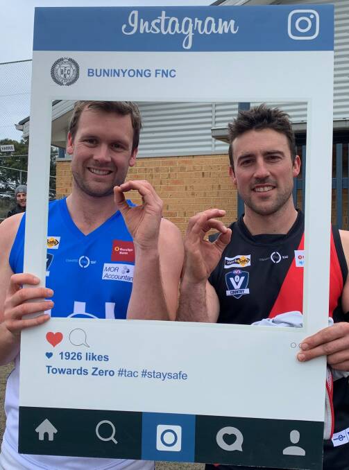 Waubra's Tom Nash and Buninyong's Alex Bomitali spread the safe driving message during AFL Victoria TAC Towards Zero Round.