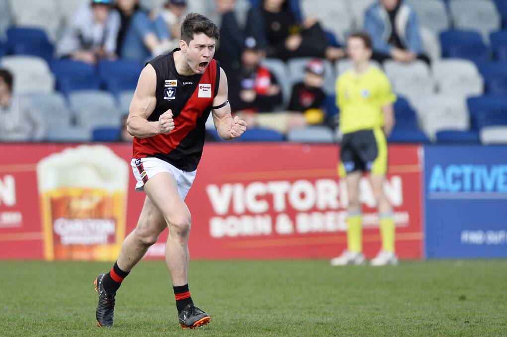 PUMPED: Buninyong forward Jake Dunne celebrates a goal during the grand final on Saturday. Dunne finished the day with only one major.