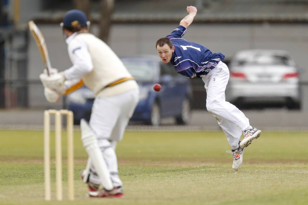 FULL FLIGHT: Ballarat Cricket Association's Matthew Messemaker sends down a delivery during the Kenmac Shield division one clash with Gisborne and District on Sunday. Picture: Dylan Burns.