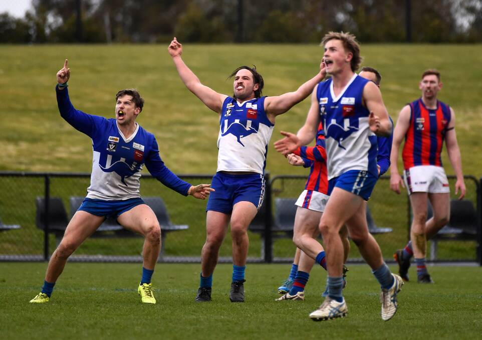 PARTY TIME: Waubra players celebrate a goal late in the match on Saturday. Pictures: Adam Trafford.