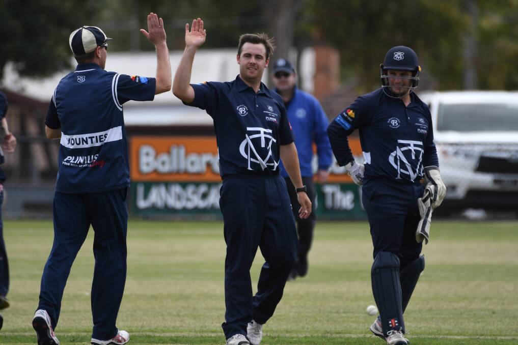 Mt Clear's Grant Trevenen celebrates a wicket. Picture: Kate Healy.