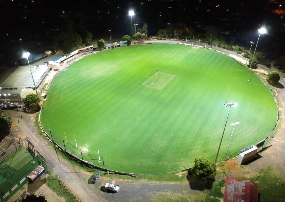 BRIGHT LIGHTS: An aerial view of Darley Park with the ground's new lights turned on. The venue is now able to host night football matches.