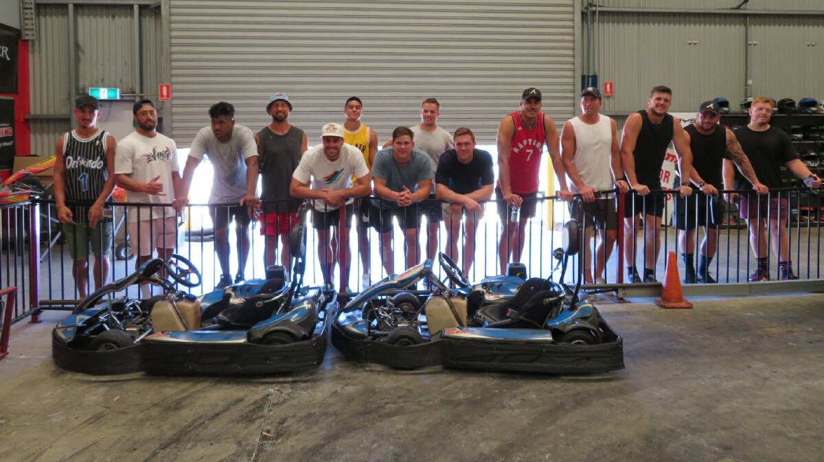 Rebels players took some time out for a spin in the go-karts on Tuesday. Picture: Tony Lee.