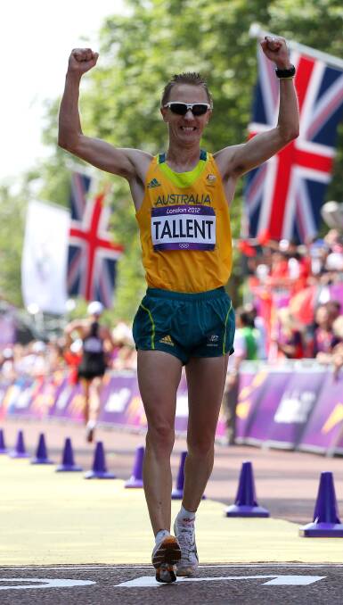 NEW CHAMPION: Jared Tallent crosses the line for second place during the 50km walk at the London Olympics in 2012. Picture: Getty Images.