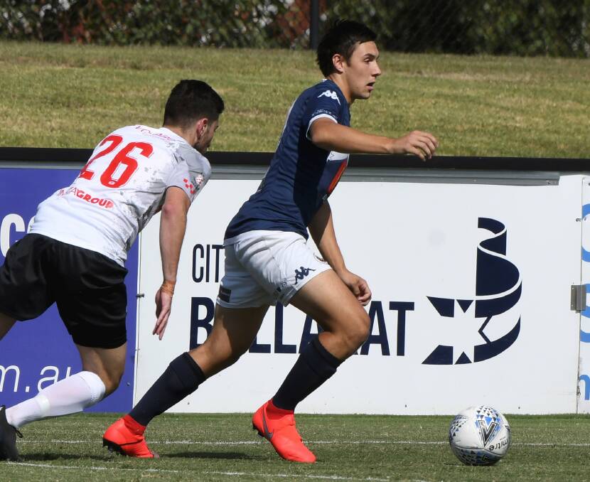 GREAT GOAL: Daniel Angeleski scored Ballarat City's first goal in Saturday's 3-2 loss at the hands of Geelong. City has an FFA Cup clash this Wednesday night.