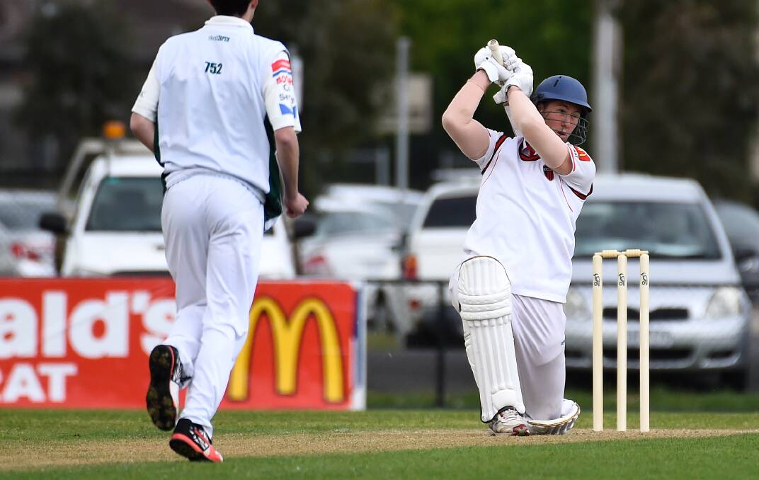 SHOT: Buninyong's Liam Brady gets down on one knee to play this cover drive during the clash with Ballarat-Redan last Saturday. Picture: Adam Trafford.