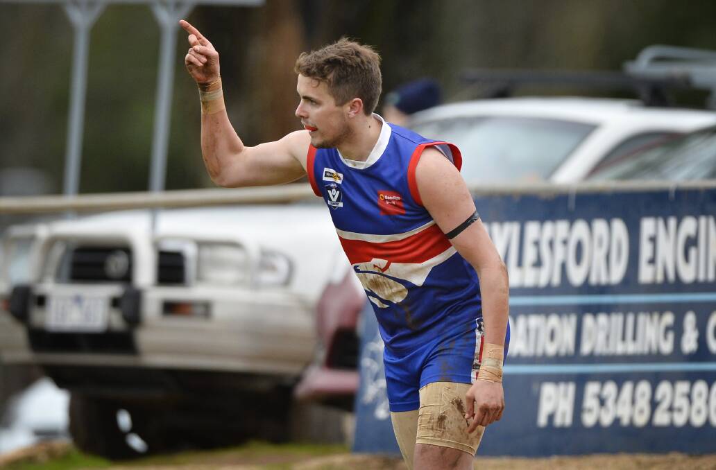 SUPER BOOT: Nick Oliver, pictured playing for Daylesford in 2016, is now off to the United States after winning a long-kicking competition.